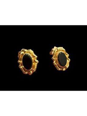 Vintage 12k Yellow Gold Oval Black Onyx Stud Earrings 1/2”
